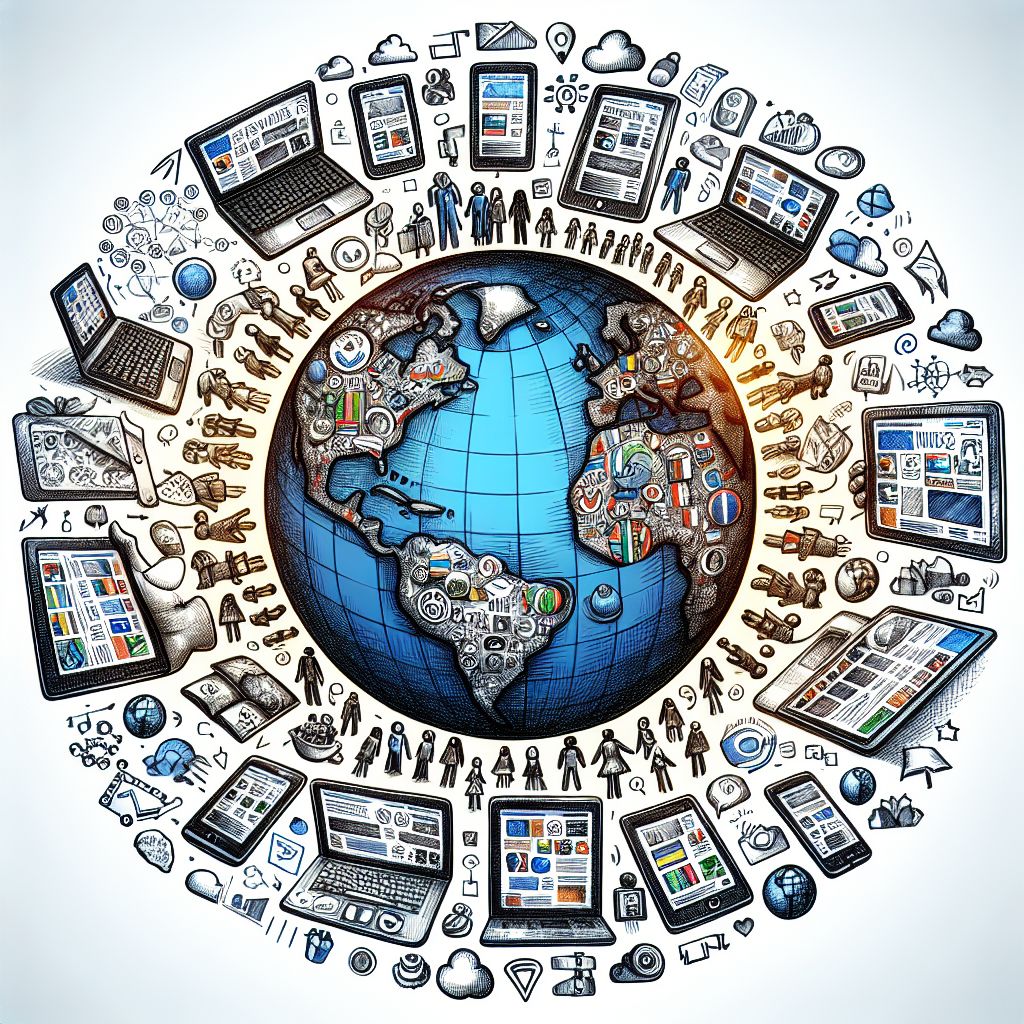Digital globe surrounded by devices showing content in multiple languages